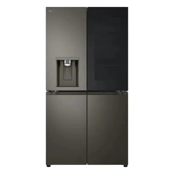 Sleek black LG French door refrigerator with water dispenser, modern kitchen appliance