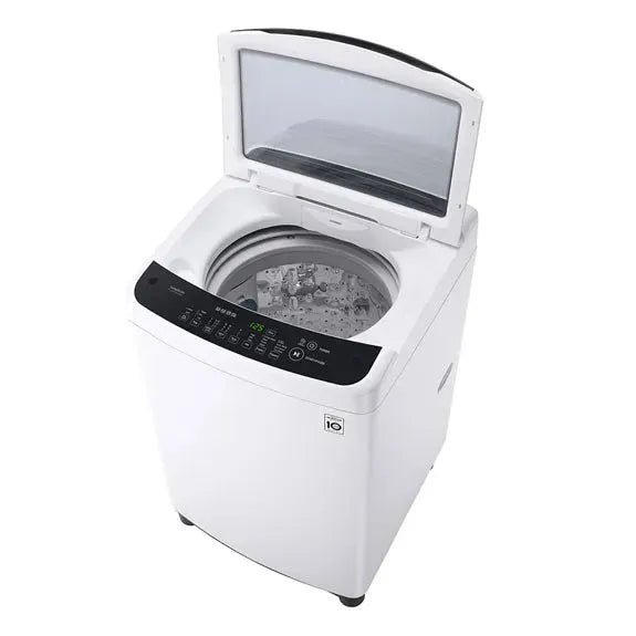 White top load washing machine with open lid, digital controls, and visible drum interior