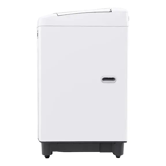 White top-load washing machine with sleek design and black base, ideal for modern home laundry needs.