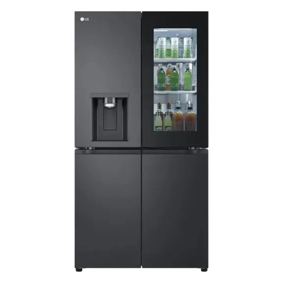 Sleek black LG French door refrigerator with water dispenser and transparent door showcasing beverages