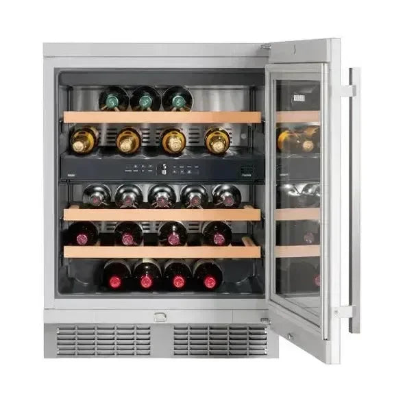 Stainless steel wine cooler with glass door, wooden shelves, and neatly stored wine bottles for modern kitchens