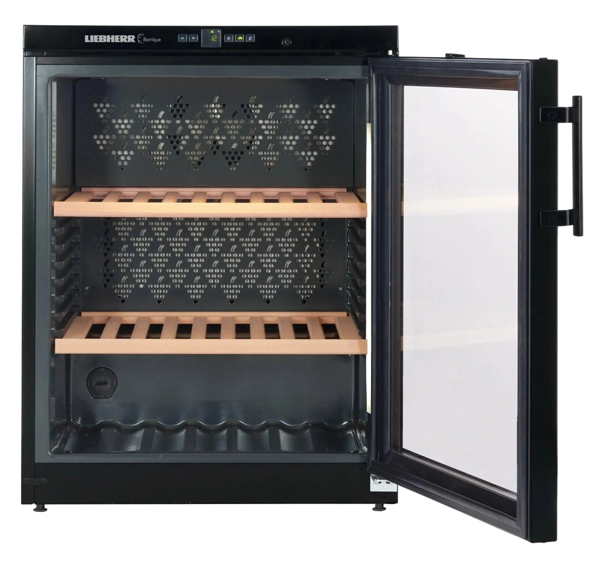 Liebherr wine cooler with open glass door, wooden shelves, and digital display for home kitchen use