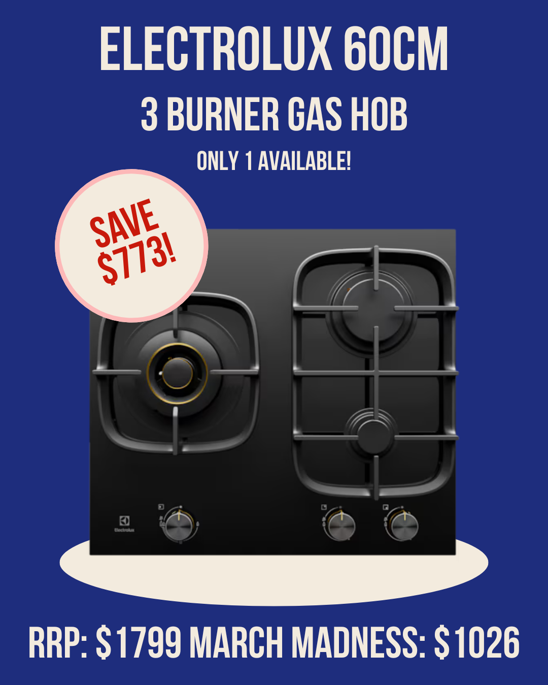 Electrolux 60cm 3 burner with wok Gas cooktop - EHG635BE *Ex-Display*