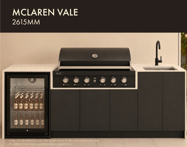 mclaren vale euro alfresco kitchen, featuring a single door bar fridge, 6 burner bbq, sink and tap in cabinetry 