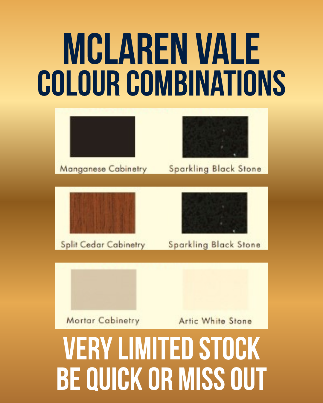 promotional image displaying the 3 colour combinations of the mclaren vale outdoor kitchen