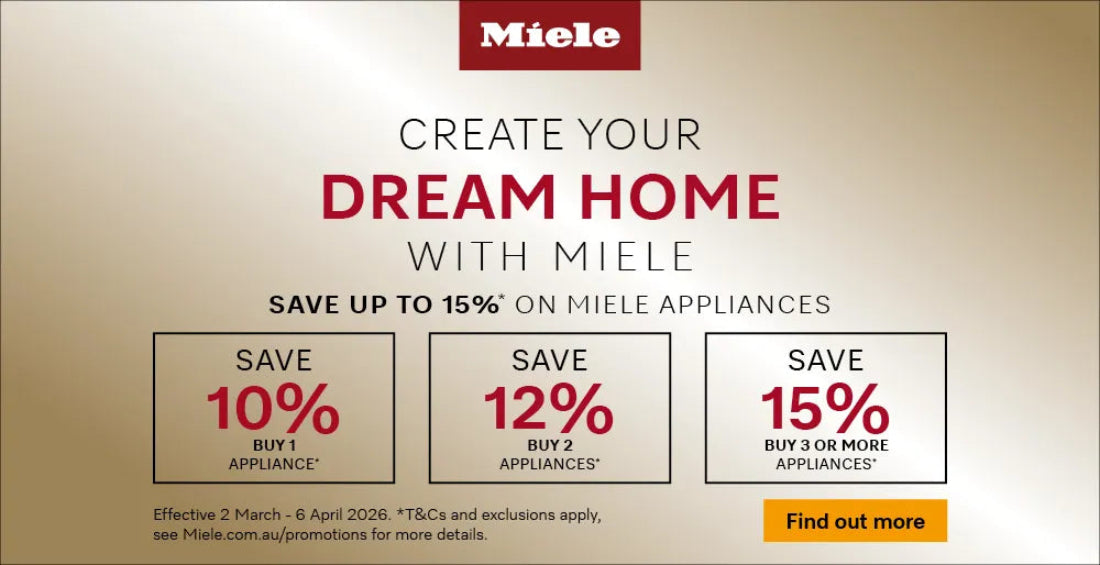 Miele advertisement with promotional text on a beige background
