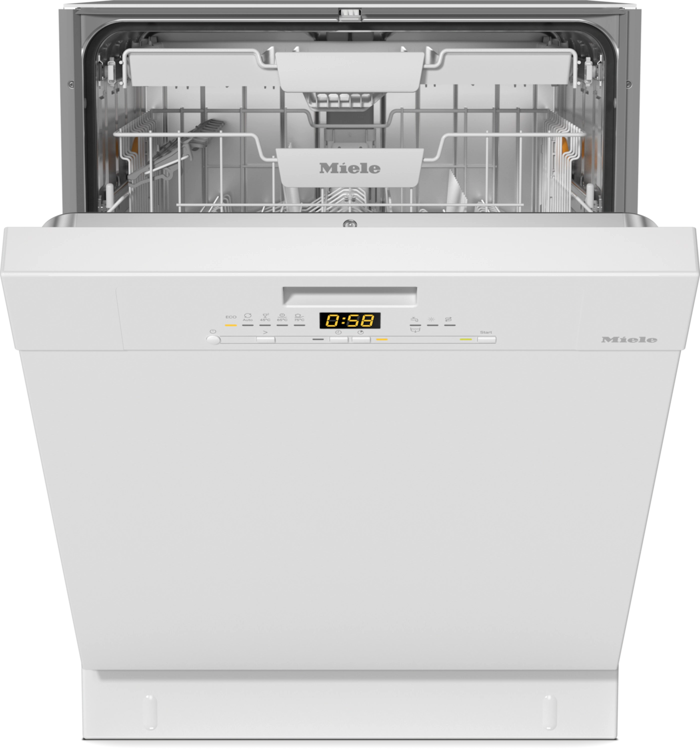 Miele white built-in dishwasher with open door, digital display, and interior racks visible
