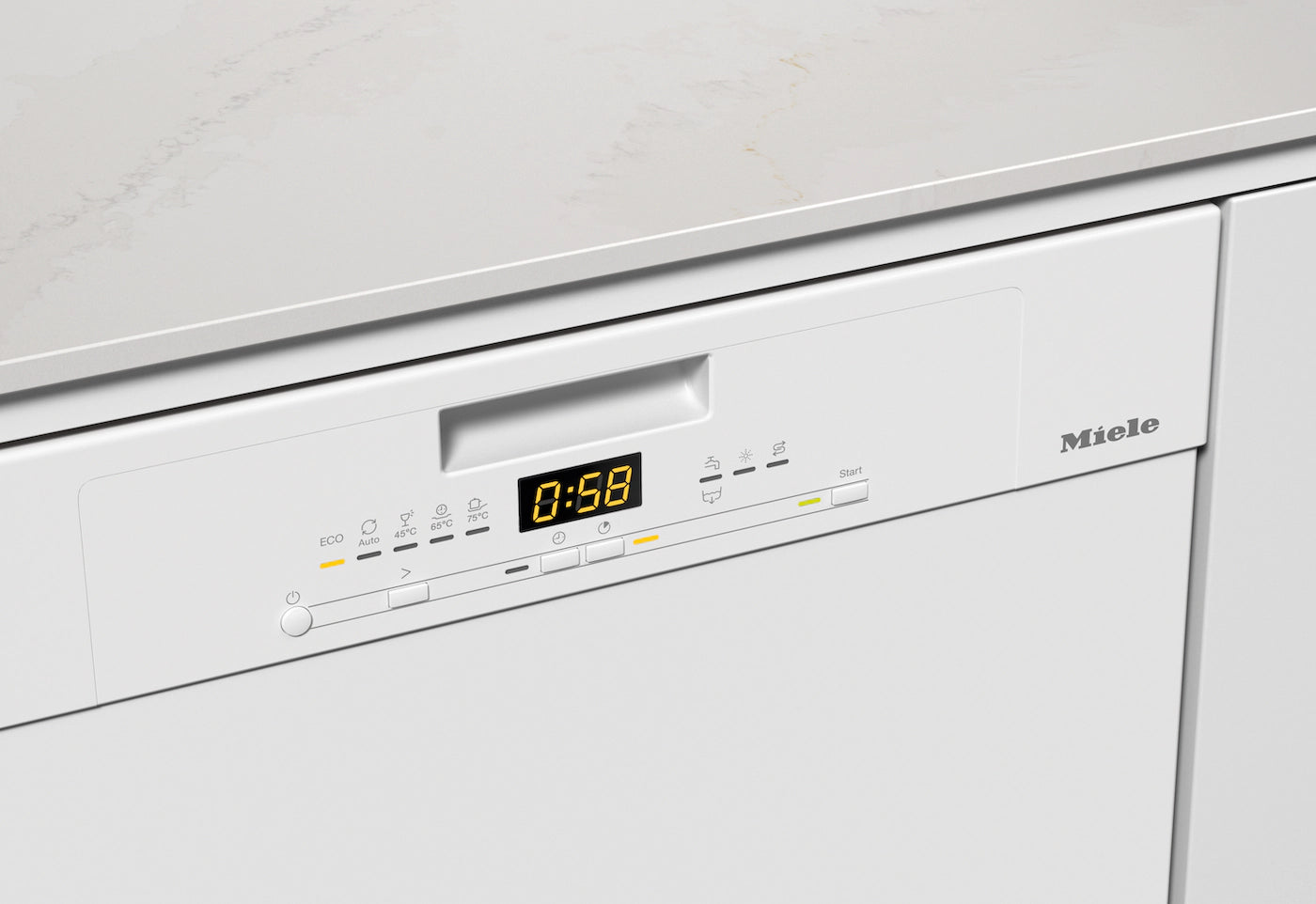 Miele white built-in dishwasher control panel with digital timer display