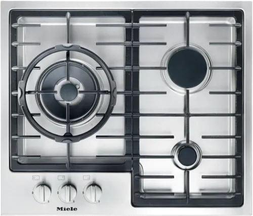 Miele gas cooktop with black grates and stainless steel finish