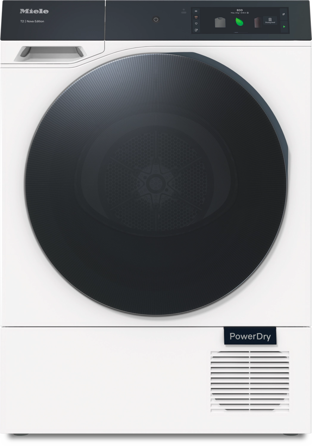 Miele T2 Nova Edition front-load dryer with PowerDry, sleek white design, digital display, and ECO mode for modern laundry rooms.