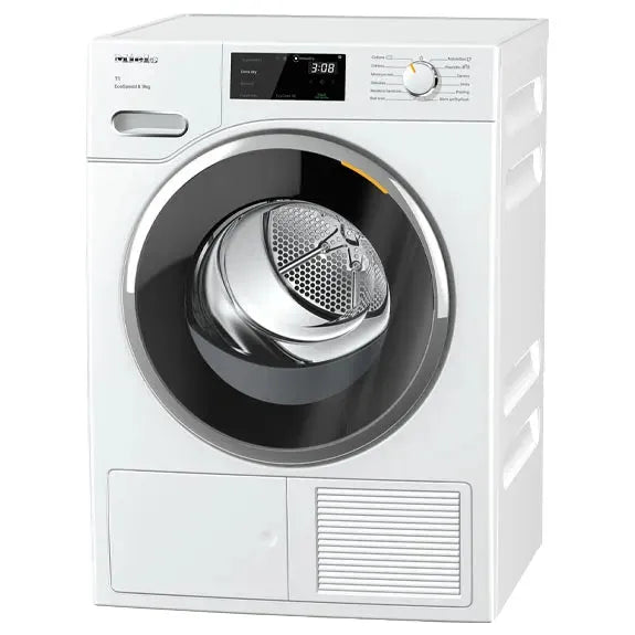 White front-load washing machine with digital display and control dial, modern kitchen appliance