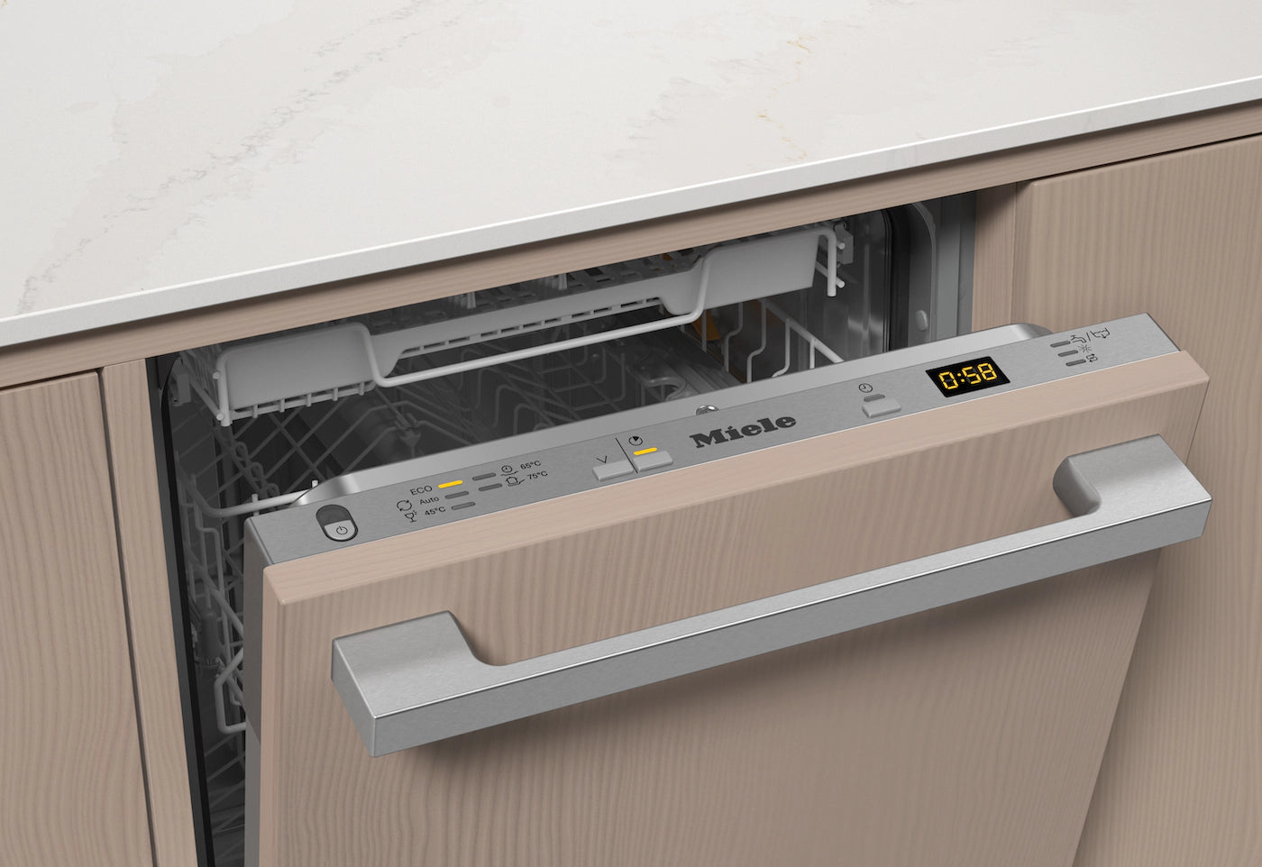 Miele built-in dishwasher with digital display and wood-panel finish in modern kitchen