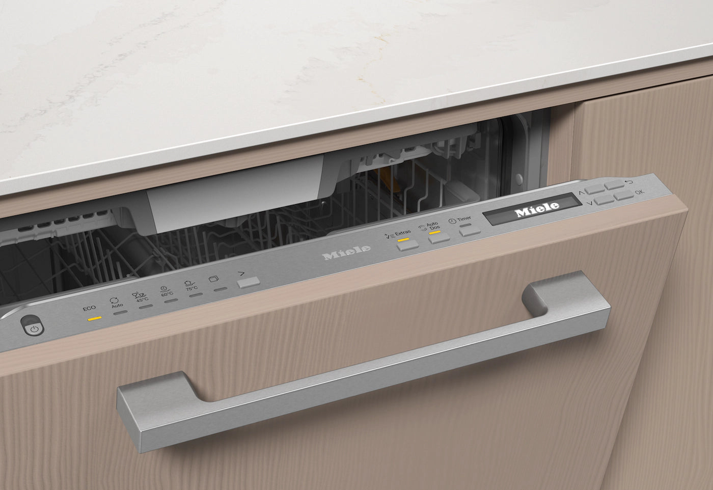 Miele built-in dishwasher with control panel under marble countertop in modern kitchen