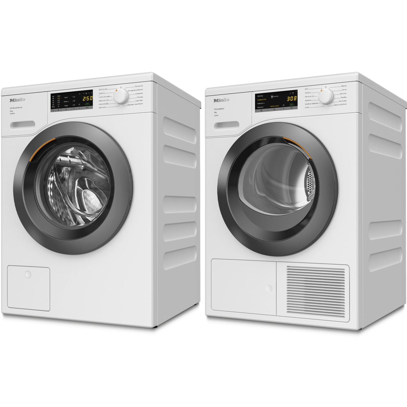 Miele white front load washer and dryer pair with digital displays and sleek design