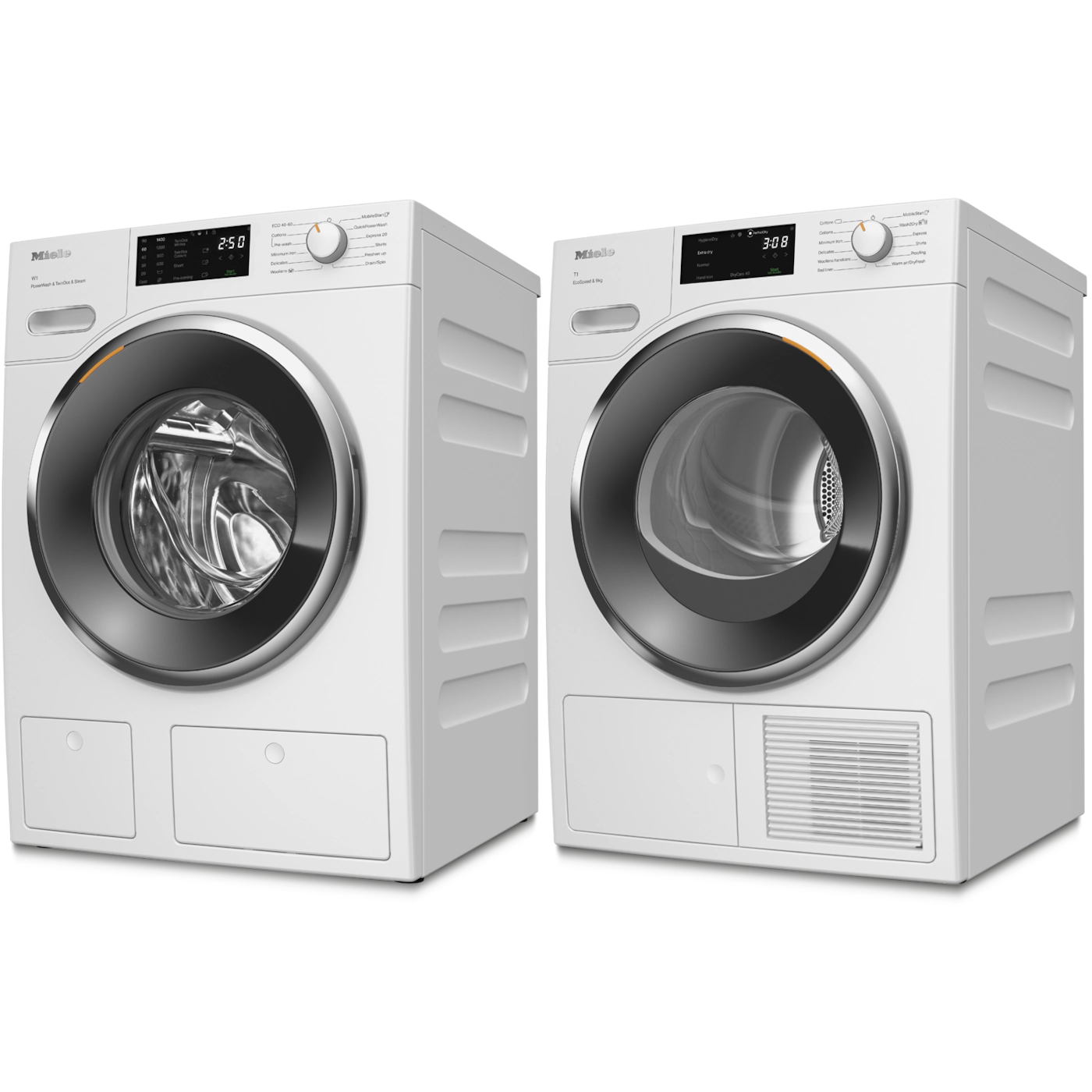 Miele front load washer and dryer pair, sleek white design with digital controls for modern laundry rooms