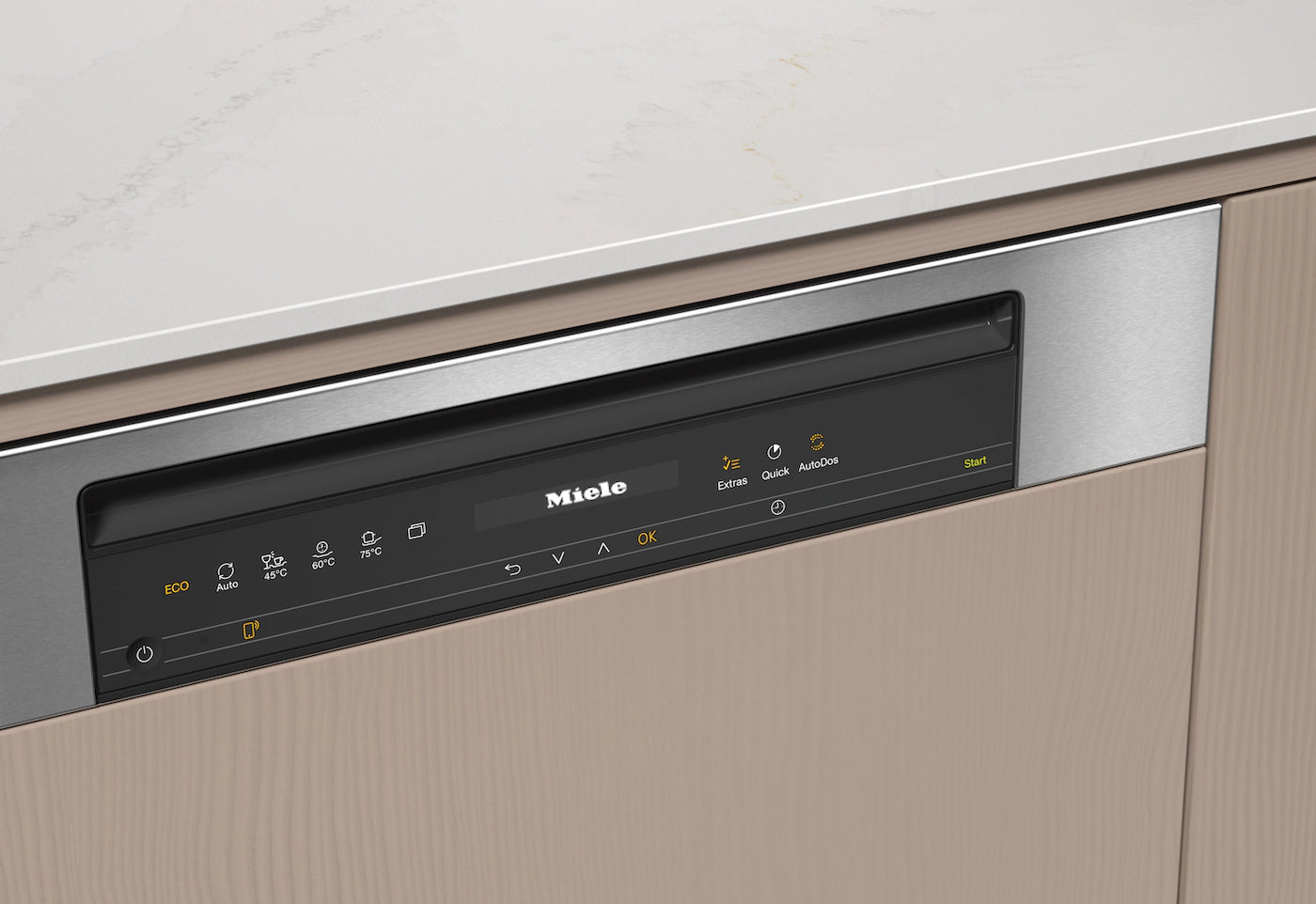 Miele built-in dishwasher control panel with ECO, Auto, and Quick wash settings in modern kitchen