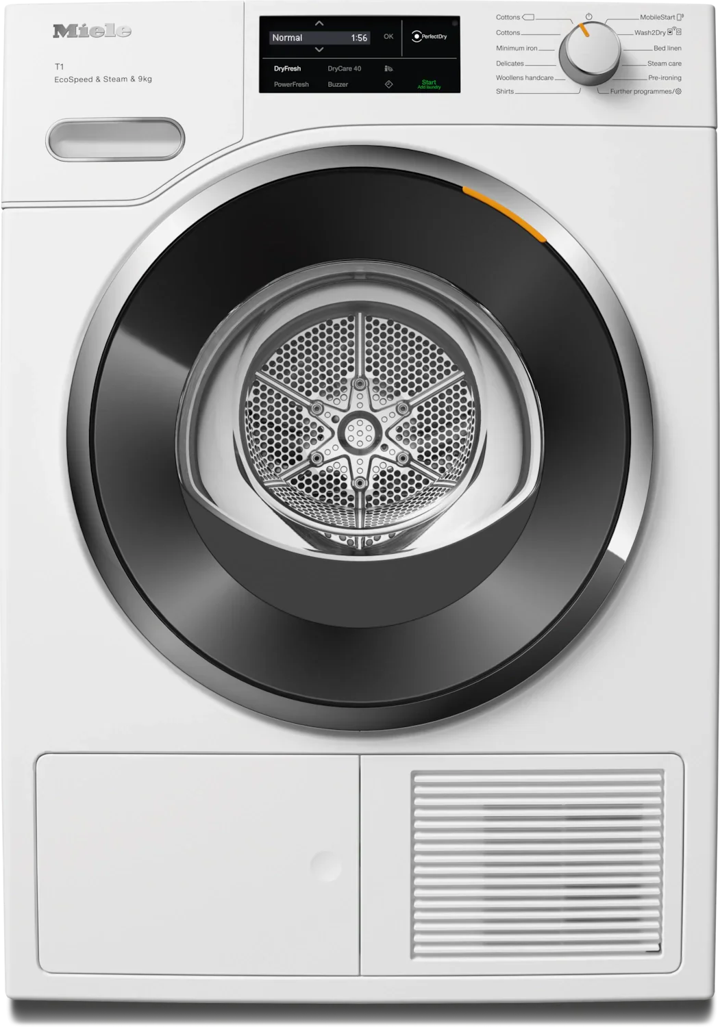 Miele T1 EcoSpeed Steam 9kg dryer with digital display and control panel