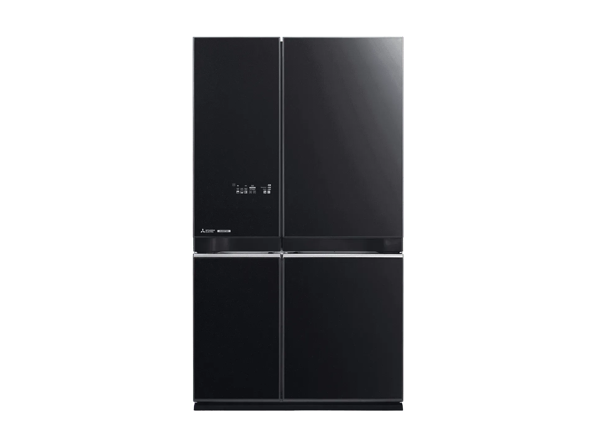 Sleek black 4-door French door refrigerator with digital controls, perfect for modern kitchen design.