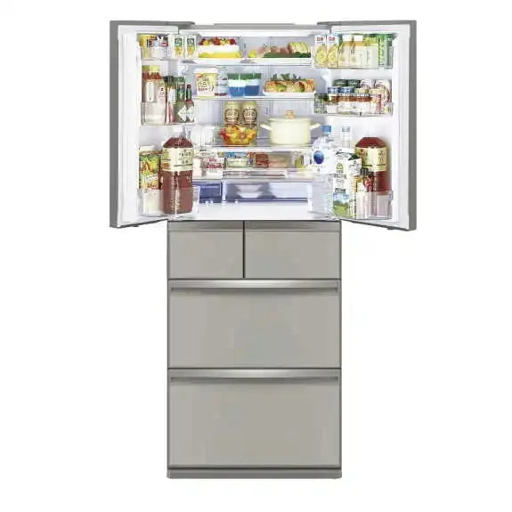 Stainless steel French door refrigerator with open doors, stocked with food and drinks, showcasing spacious interior storage.