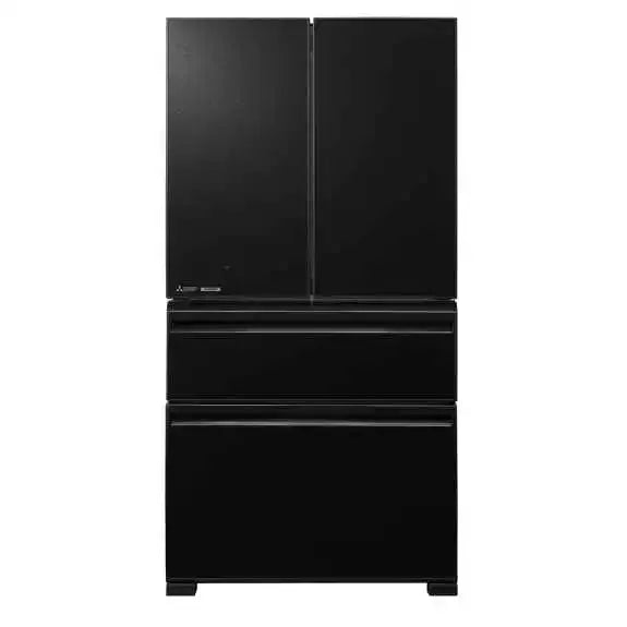 Sleek black French door refrigerator with bottom freezer drawers, modern kitchen appliance