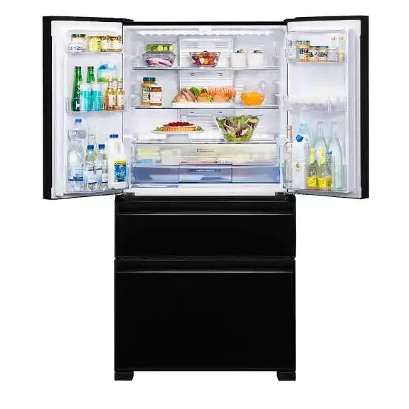 Black French door refrigerator with open doors, stocked with fresh food and beverages, showcasing spacious interior storage.