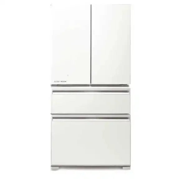 White French door refrigerator with bottom freezer drawers, sleek modern kitchen appliance design