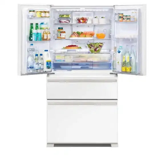 White French door refrigerator with open doors, stocked with fresh food and drinks, showcasing spacious interior storage.