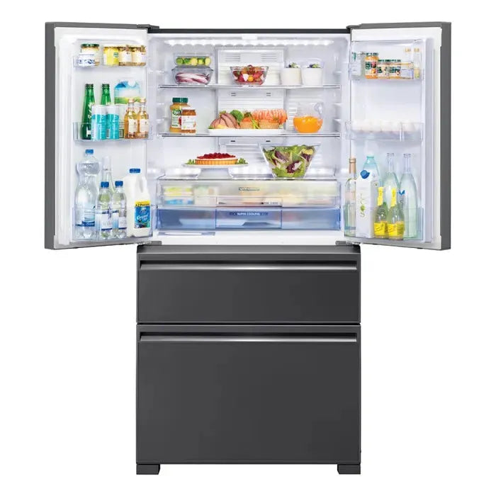 Modern French door refrigerator with open doors, stocked with fresh food and drinks, ideal for designer kitchens.