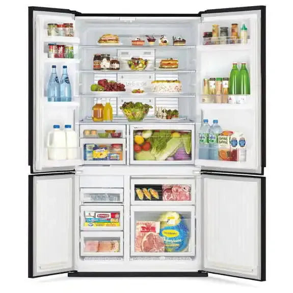 Fully stocked French door refrigerator with fresh produce, dairy, and beverages, ideal for modern kitchens.