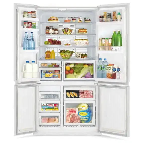 Fully stocked French door refrigerator with fresh produce, dairy, and beverages, perfect for modern kitchens.