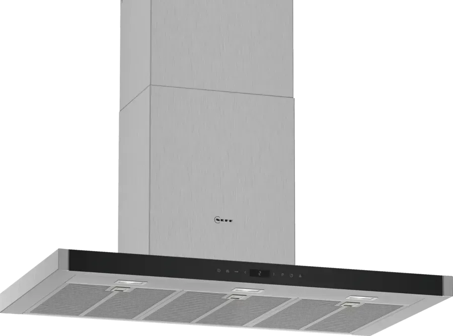 Modern stainless steel range hood with black control panel for designer kitchen appliances