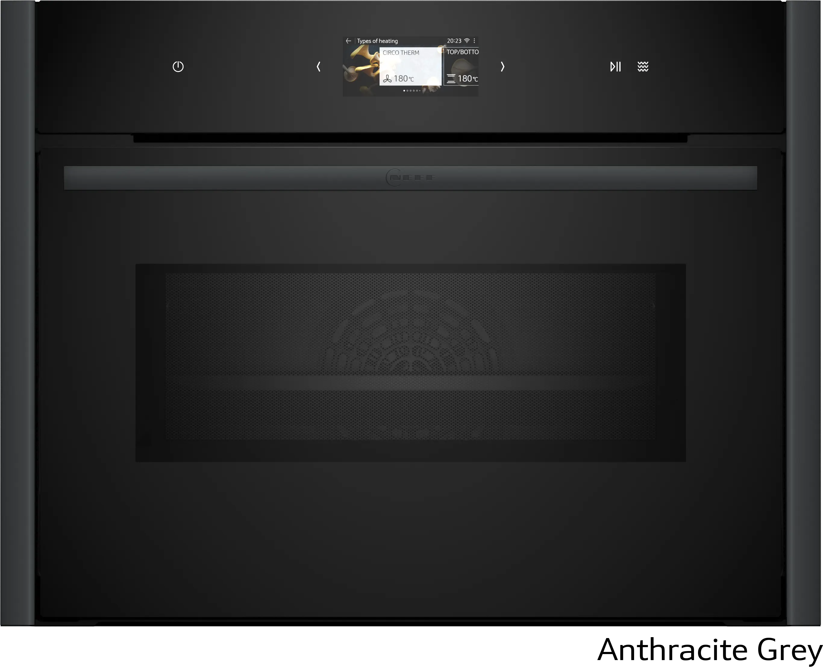 Anthracite grey built-in oven with digital display and touch controls for modern kitchen design