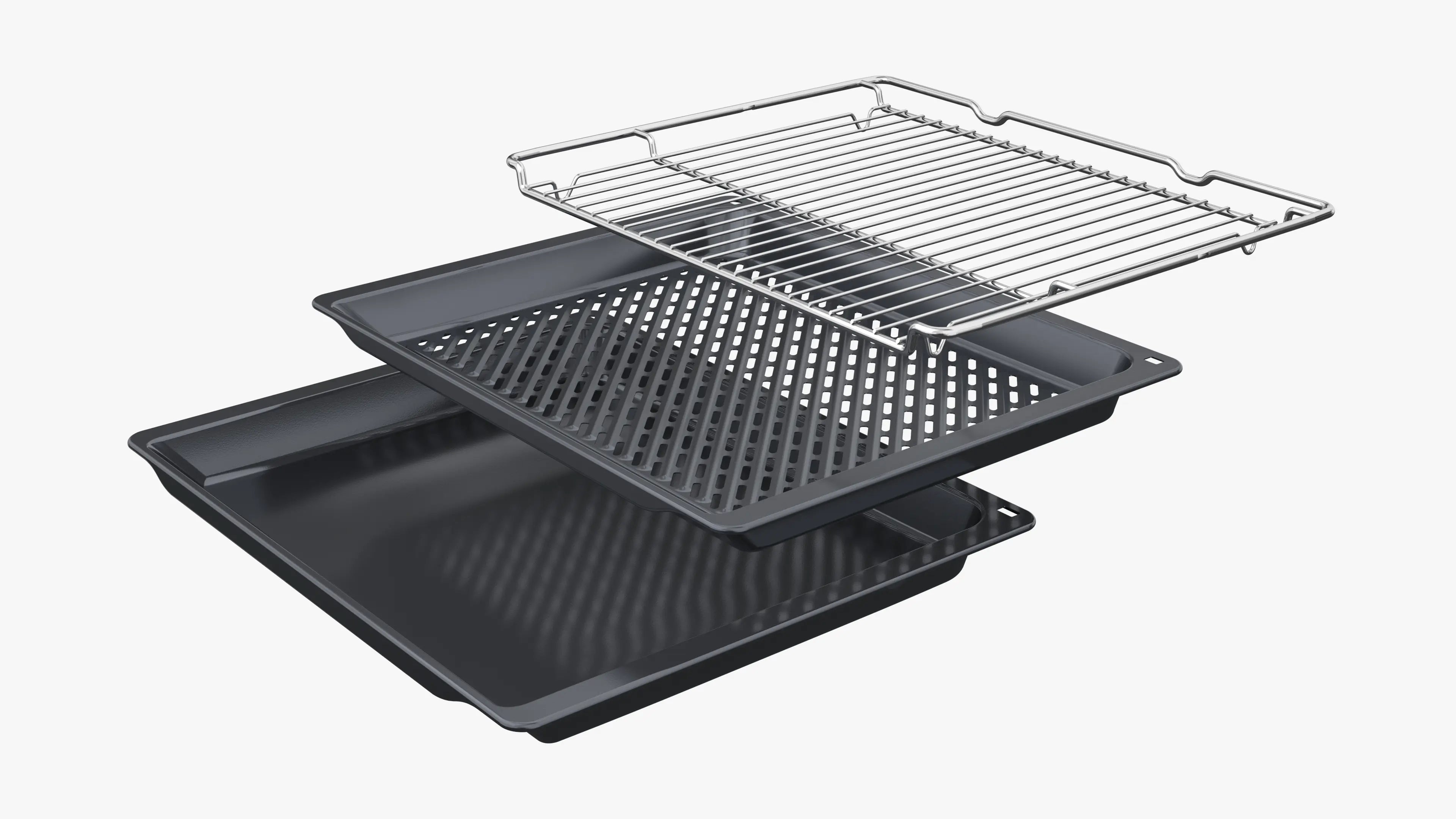 Stainless steel oven rack with black non-stick baking trays for kitchen cooking and roasting