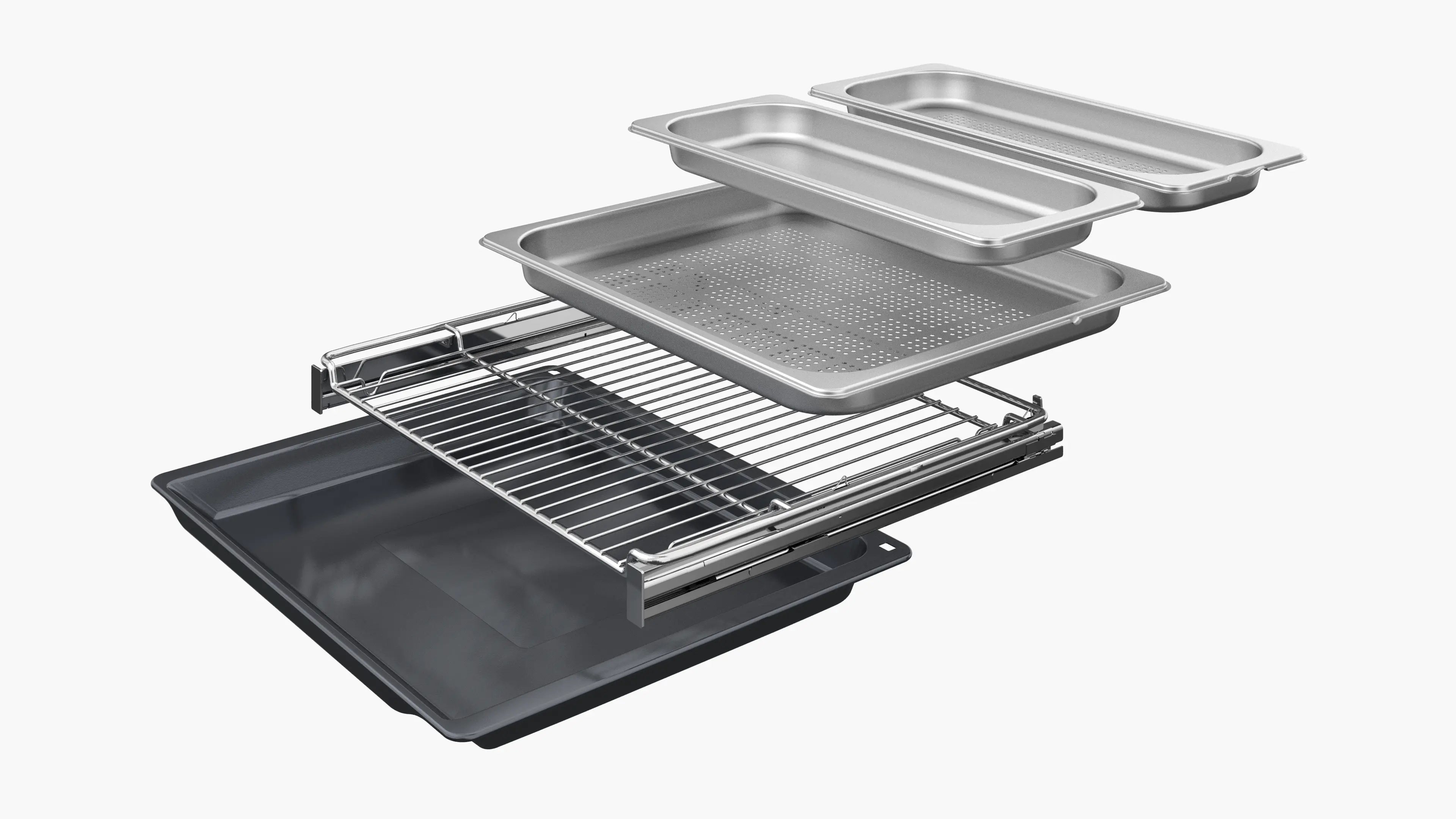 Stainless steel oven accessories: baking trays, perforated pan, and wire rack for kitchen appliances