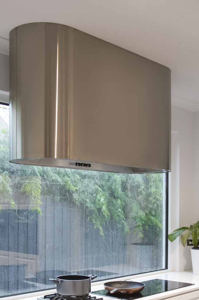Qasair Stadium Ceiling Mounted Rangehood  STM 1300L-2 installed in a kitchen