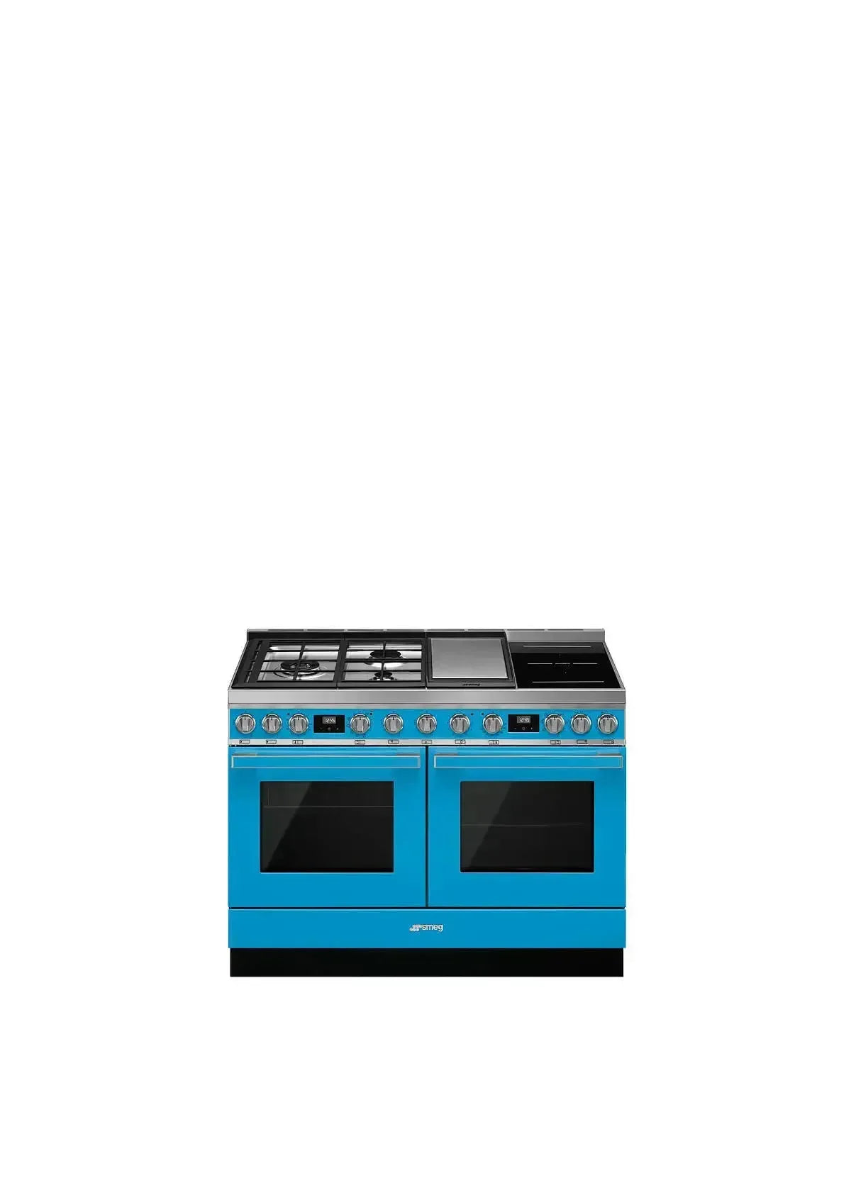 Vibrant blue dual oven range with gas cooktop and sleek stainless steel controls