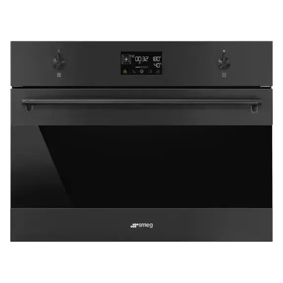 Sleek black Smeg built-in oven with digital display and control knobs, perfect for modern kitchen design.