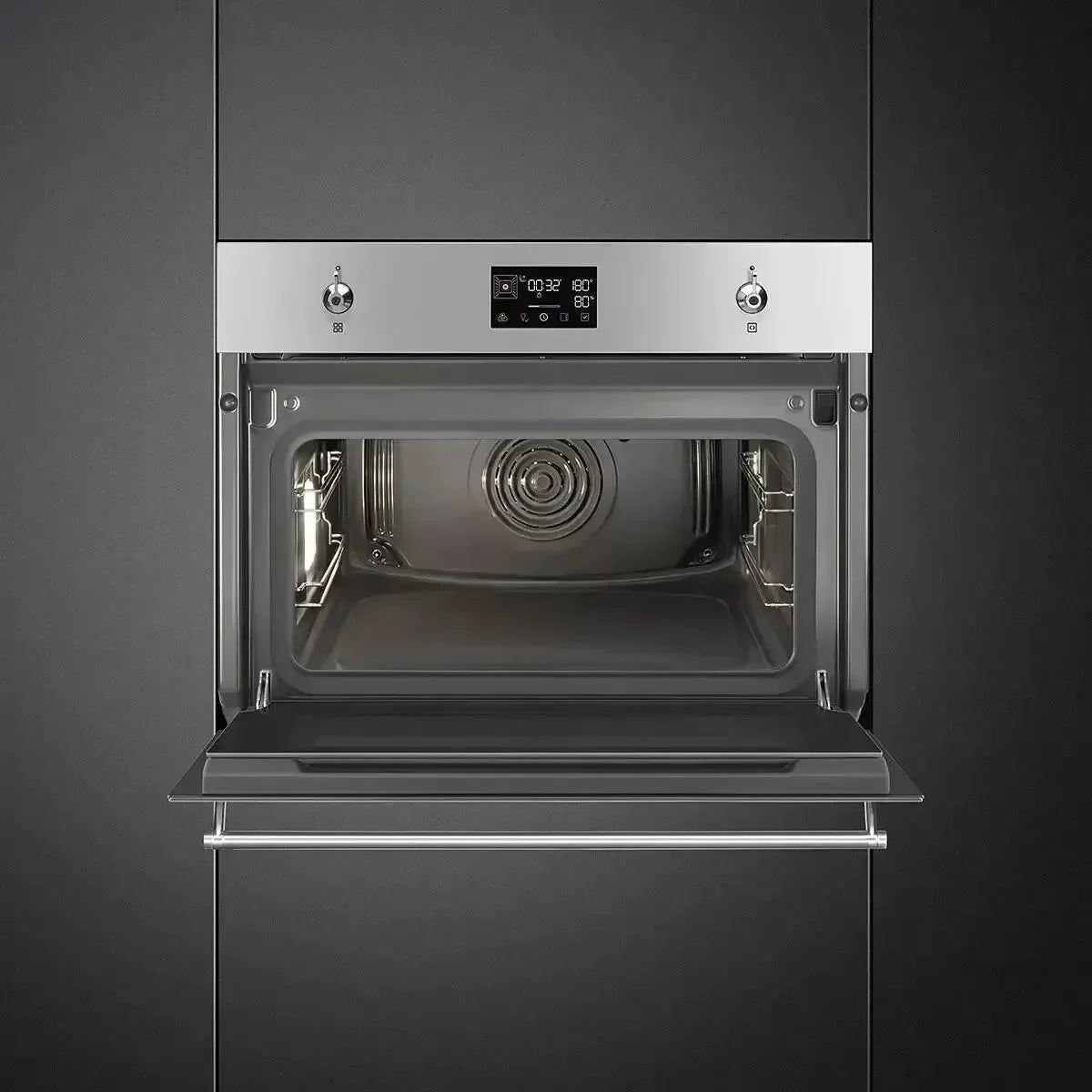 Modern built-in oven with digital display and open door, sleek stainless steel finish for designer kitchens