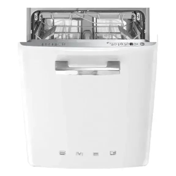 White Smeg dishwasher with open door, stainless steel interior, and retro-style handle for modern kitchens