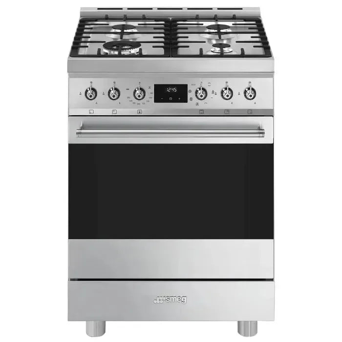 Stainless steel Smeg gas range with four burners and digital display for modern kitchen design