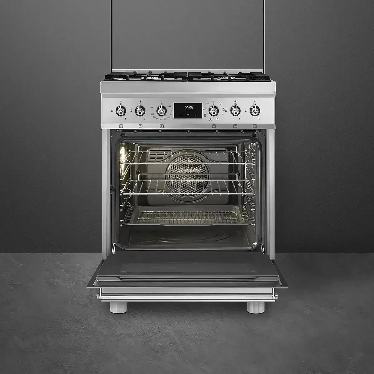 Stainless steel freestanding oven with gas cooktop, open door revealing interior racks and convection fan