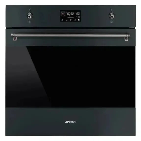 Sleek black Smeg built-in oven with digital display and stainless steel handle for modern kitchen design