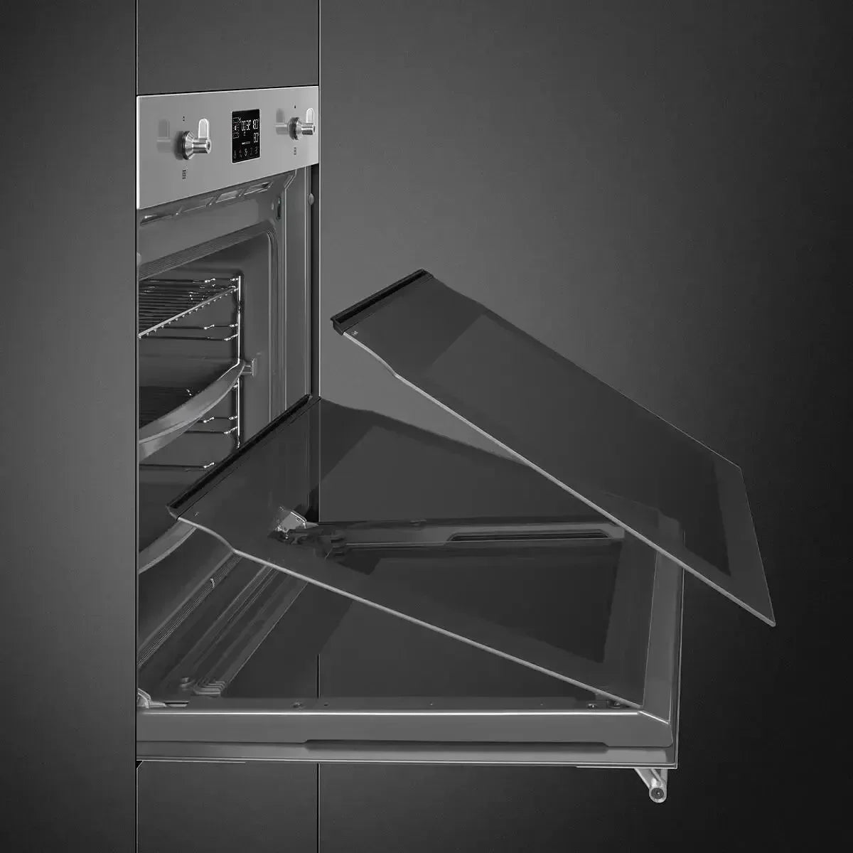Modern built-in oven with open door, stainless steel controls, and glass panel in sleek kitchen setting