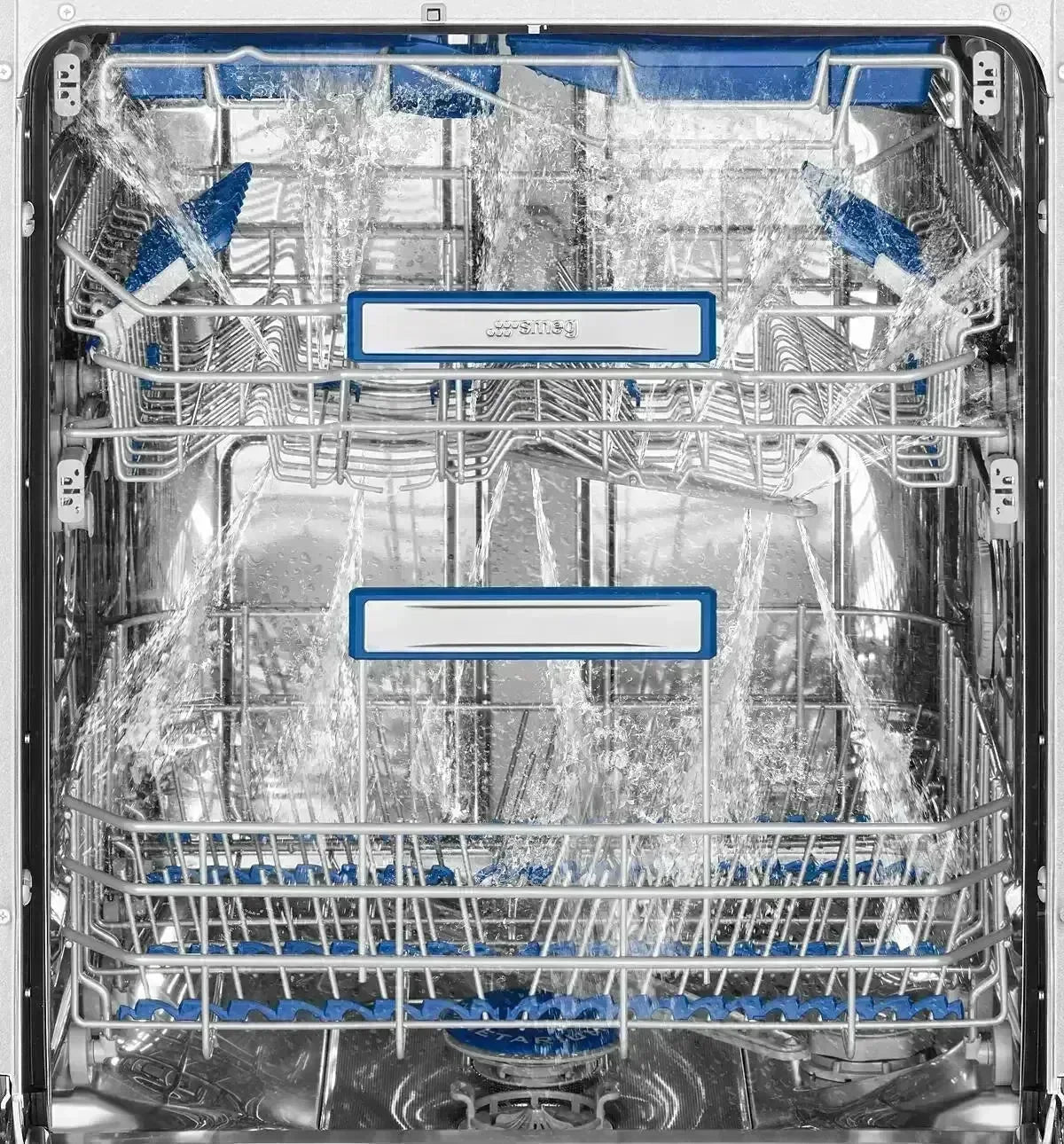 Smeg dishwasher interior with water jets spraying, showcasing powerful cleaning performance for modern kitchens