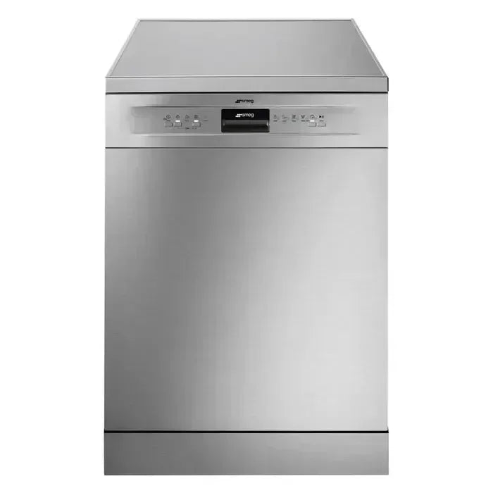 Stainless steel Smeg dishwasher with digital display and control panel, modern kitchen appliance