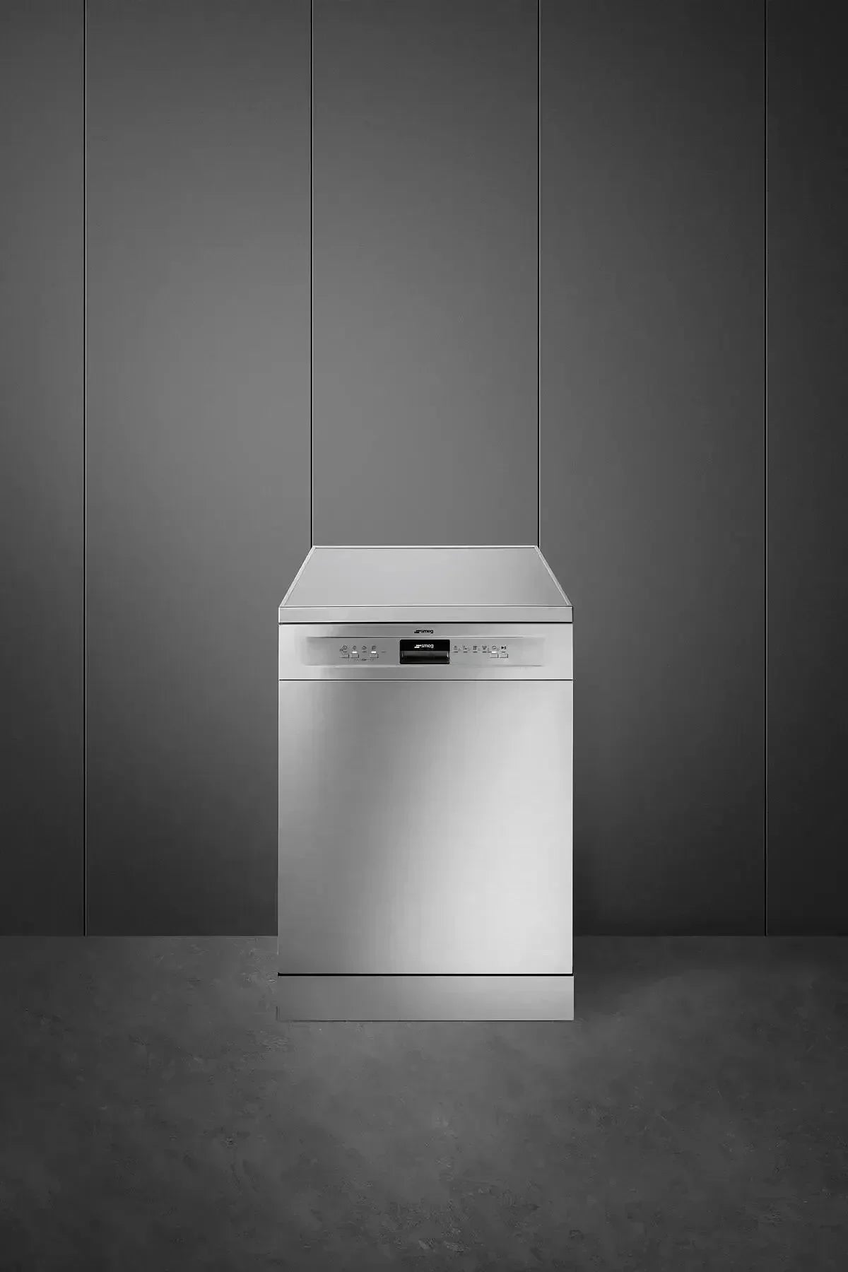 Stainless steel Smeg dishwasher in modern kitchen with sleek dark cabinetry