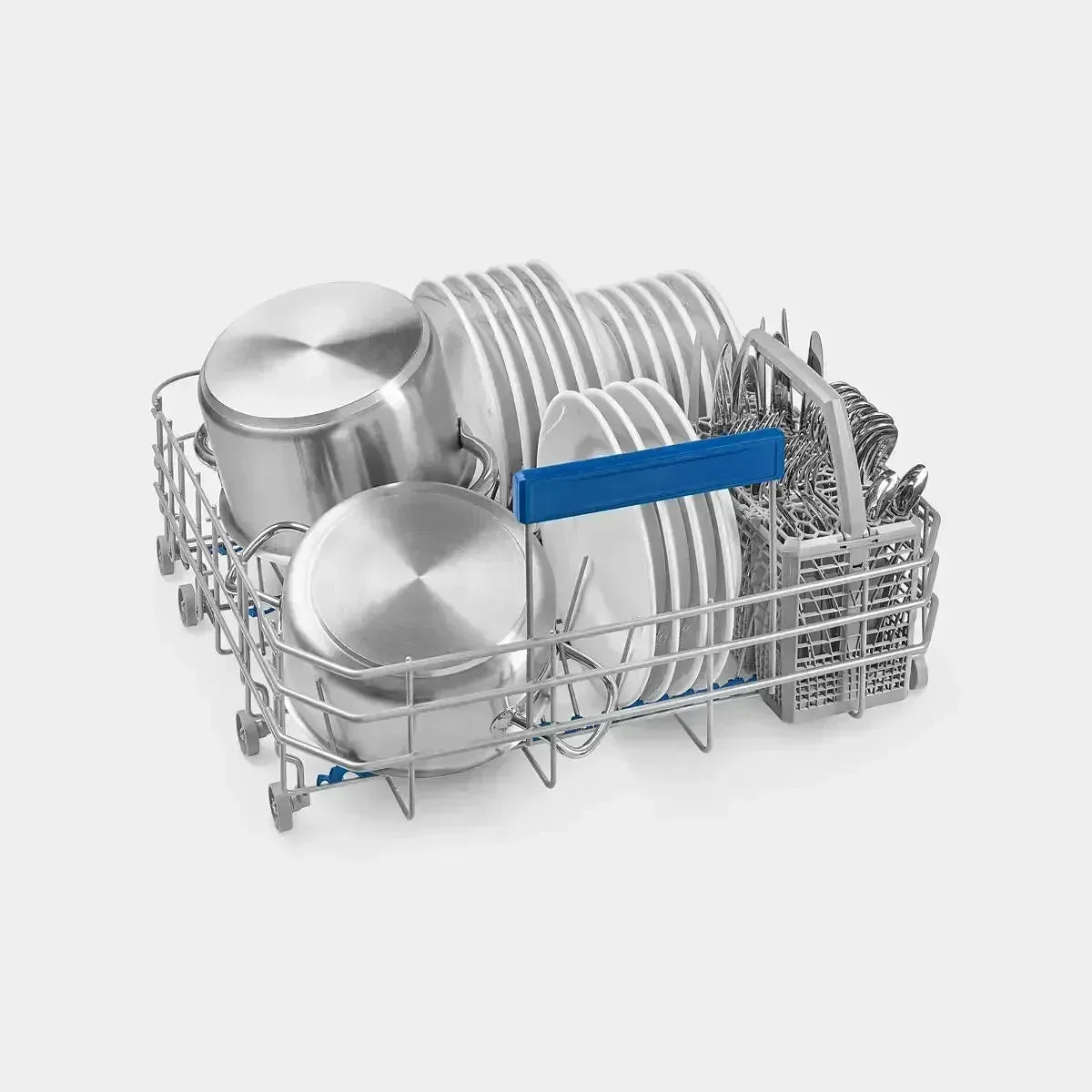 Dishwasher rack loaded with clean pots, plates, and silverware, showcasing kitchen appliance capacity.