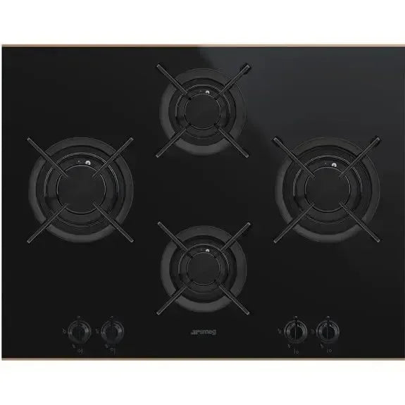 Black glass gas cooktop with four burners and control knobs, sleek kitchen appliance