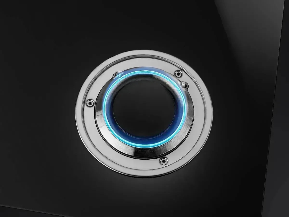 Modern black appliance control knob with blue LED ring and chrome trim