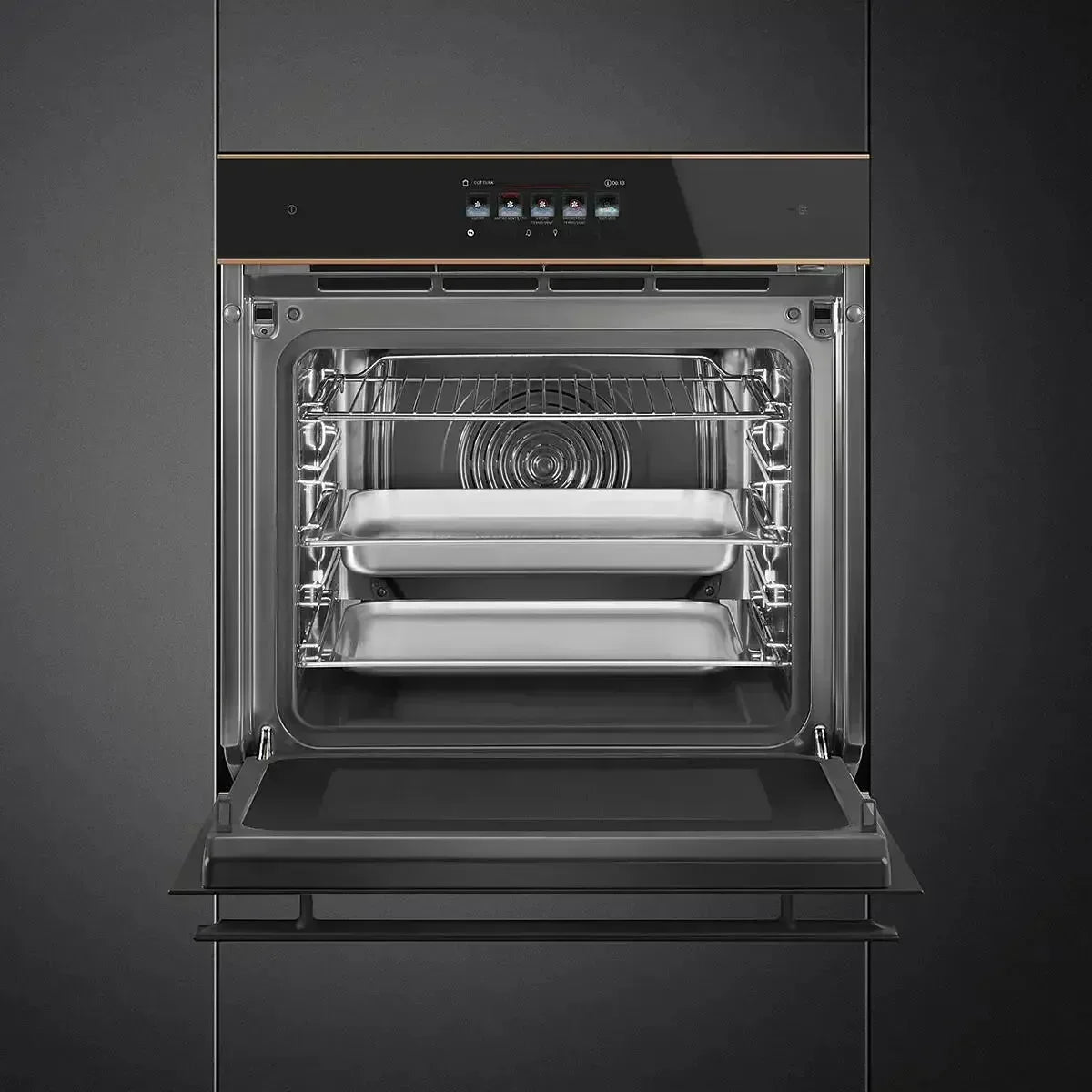 Modern built-in oven with open door, stainless steel racks, and digital control panel for designer kitchens